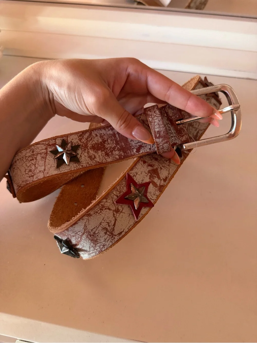 Brown and White Distressed Leather Star Stud Belt